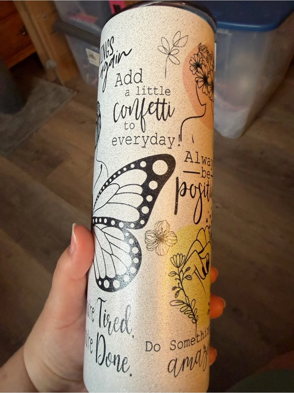 Inspirational Butterfly Glitter Tumbler - White & Glittery w/ Matte Finish